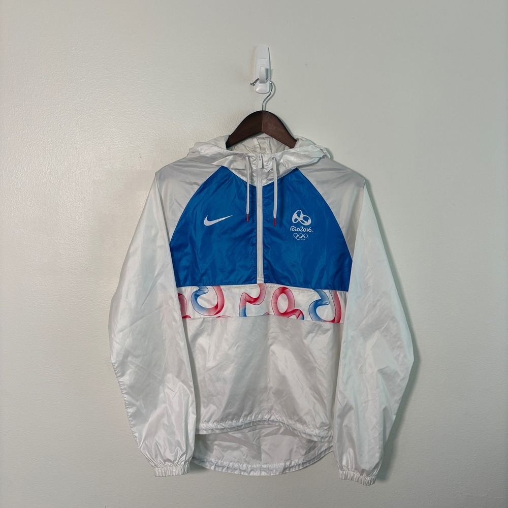 Nike Rio 2016 Olympic Games Half Zip Windbreaker Hooded Jacket White Blue Mens M